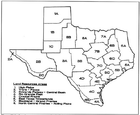 figure V-6 shows map of Texas divided into land resource areas and sub-divided into irrigated areas