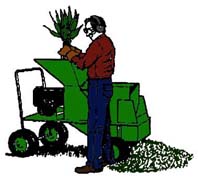 drawing of man using a chipper/shedder to break down tree clippings