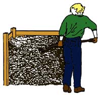 drawing of woman turning a compost pile with a garden fork