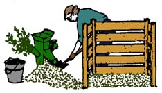 drawing of a lady adding material from a shredder to a compost pile