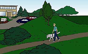 drawing showing an earth molding, a small hill, blocking the view of a parking lot from a person walking his dog along an adjacent path
