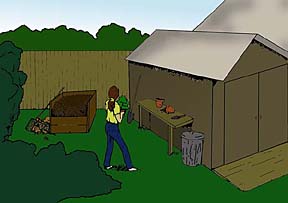 drawing of a work area showing a shed, work bench and compost pile