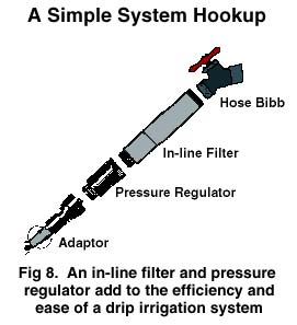 Fig 8. An in-line filter and pressure regulator add to the efficiency and ease of a drip irrigation system.