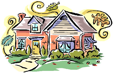 stylized drawing of a house, brightly colored in pastels, with fall leaves floating in the wind currents around the house