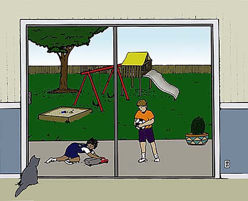 drawing of a view out of a sliding glass door of children at play on a patio with a swing set in the yard; a cat looks out the glass door