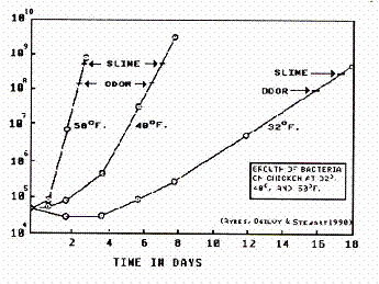 Figure 2 shows the growth rate of bacteria on chicken decreases as temperature decreases.