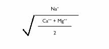 formula for sodium absortion ratio: sodium cations ratio calcium and magnesium cations divided by one